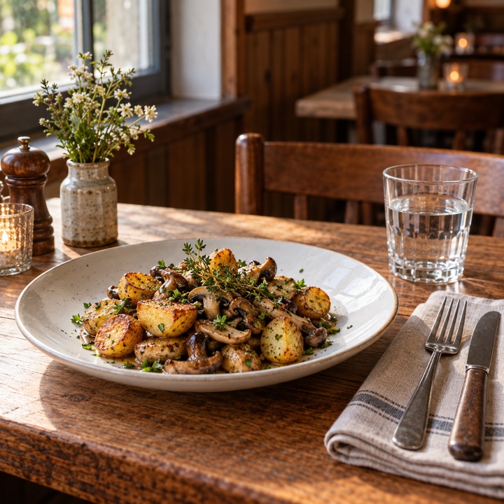 Symbolmotiv eines gedeckten Restauranttischs mit Kartoffel-Pilz-Gericht