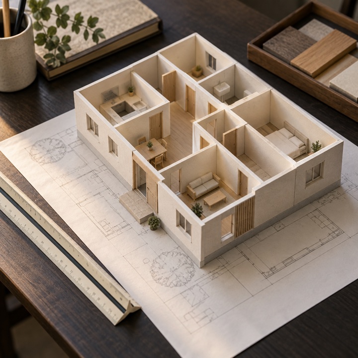 Architekturmodell mit sichtbarer Raumaufteilung auf einem Grundriss